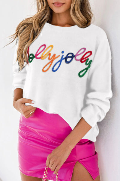 White Holly Jolly Round Neck Casual Sweater-Tops-MomFashion