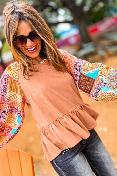 Orange Boho Paisley Mix Print Raglan Sleeve Ruffled Blouse-Tops-MomFashion