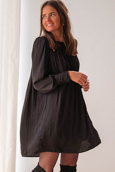 Black Solid Bishop Sleeve Pleated Mini Dress-Dresses-MomFashion