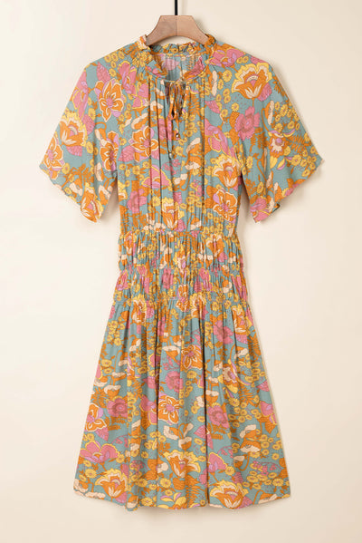 Boho Wide Sleeve Smocked Waist Floral Dress-Dresses-MomFashion