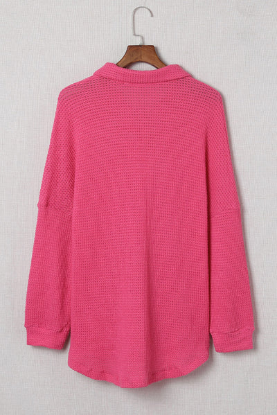 Pink Waffle Knit Button Up Casual Shirt-Tops-MomFashion