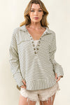 White Striped Thumbhole Drop Shoulder V Neck Top-Tops-MomFashion