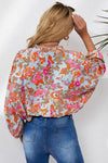 Sky Blue Floral Print Loose Fit Ruched V Neck Blouse-Tops-MomFashion