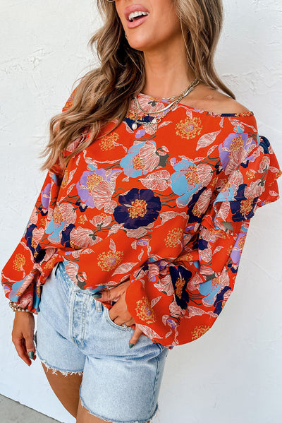 Fiery Red Floral Print Ruffle Puff Sleeve Blouse-Tops-MomFashion