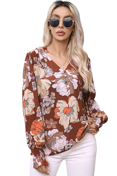 Brown Frilled V Neck Bubble Sleeve Floral Blouse-Tops-MomFashion