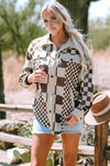 Brown Checkered Print Patchwork Corduroy Shacket-Outerwear/Jackets-MomFashion