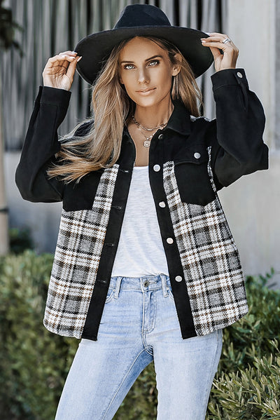 Black Plaid Patchwork Raw Hem Denim Jacket-Outerwear-MomFashion