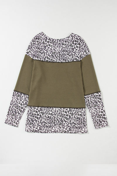 Jungle Green Leopard Print Waffle Knit Patchwork Top-Tops-MomFashion