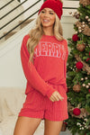 Racing Red Corded MERRY Graphic Long Sleeve Top and Shorts Set-Two Piece Sets/Short Sets-MomFashion