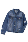 Dark Blue Plus Size Distressed Flap Pocket Denim Jacket-Plus Size-MomFashion