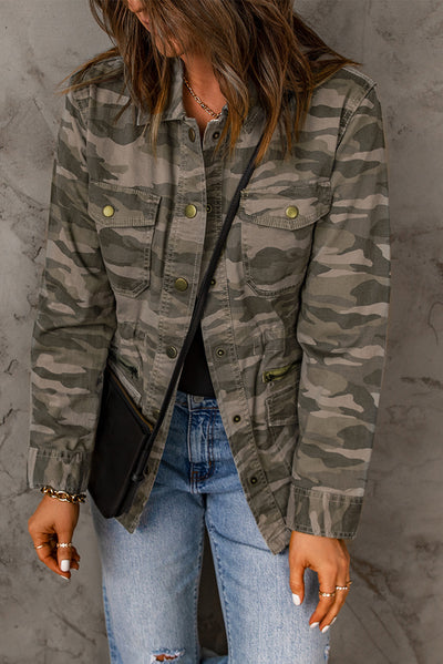 Green Camo Print Multi Pockets Button-up Jacket-Outerwear-MomFashion