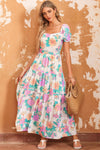 Multicolor Square Neck Puff Sleeve Tiered Floral Maxi Dress-Dresses-MomFashion