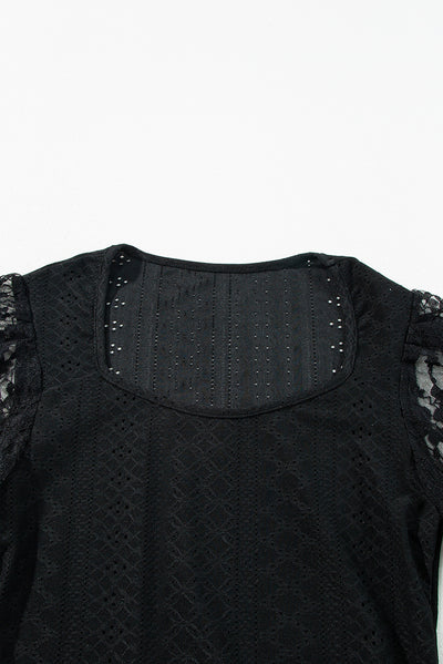 Black Frenchy Contrast Lace Bishop Sleeve Bodysuit-Tops-MomFashion