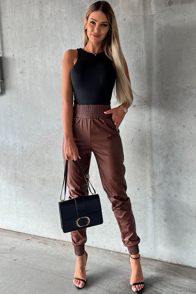 Brown Smocked High-Waist Leather Skinny Pants-Bottoms-MomFashion