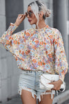 Multicolor Shirred Cuffs Bubble Sleeve Floral Blouse-Tops-MomFashion