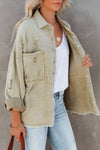 Green Distressed Fringe Trim Denim Jacket-Outerwear-MomFashion