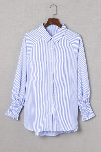 Sky Blue Smocked Cuffed Striped Boyfriend Shirt with Pocket-Tops-MomFashion