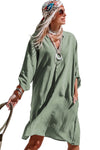 Green Roll-tab Sleeve Flowy Casual Dress-Dresses-MomFashion