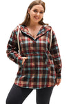 Red Plus Size Plaid Kangaroo Pocket Drawstring Hoodie-Plus Size-MomFashion