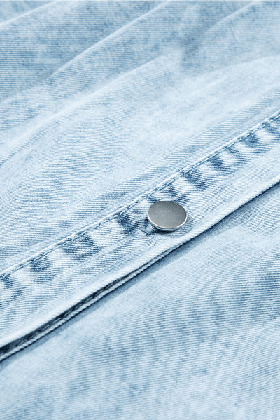 Beau Blue Mineral Wash Ruffled Short Sleeve Buttoned Denim Dress-Dresses-MomFashion