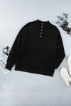 Black Ribbed Hem Snap Button Neckline Sweatshirt with Pocket-Tops-MomFashion