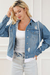 Sky Blue Distressed Contrast Hooded Denim Jacket with Pockets-Outerwear-MomFashion