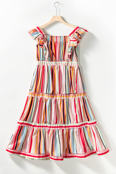 Pink Rainbow Stripe Ruffles Ruched Tiered Dress-Dresses-MomFashion