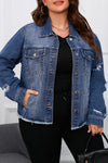 Dark Blue Plus Size Distressed Flap Pocket Denim Jacket-Plus Size-MomFashion