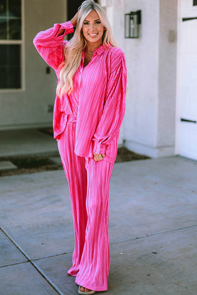 Rose Pleated Long Sleeve Shirt and Wide-Leg Pants Set-Loungewear-MomFashion