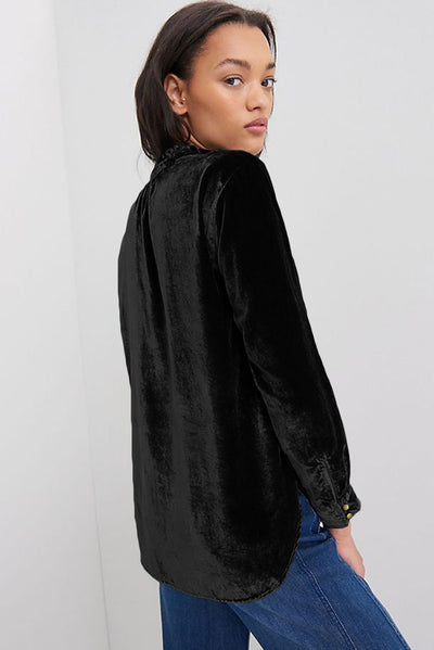 Black Frilled Neck Buttoned Front Velvet Top-Tops-MomFashion