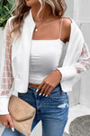 White Latticed Mesh Sleeve Zip Up Bomber Jacket-Outerwear-MomFashion