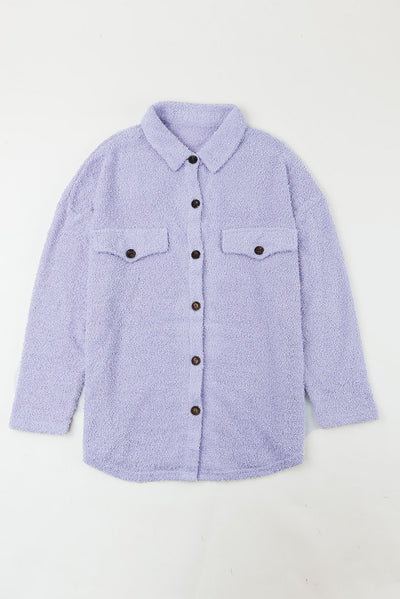 Purple Plush Button Down Pocketed Shirt Jacket-Outerwear-MomFashion