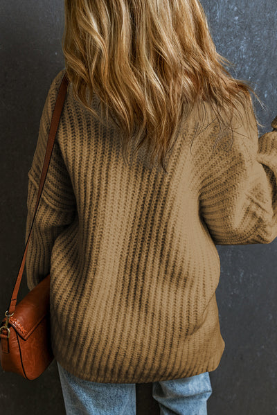 Khaki Ribbed Knit Round Neck Slouchy Chunky Sweater-Tops-MomFashion