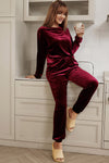 Fiery Red Solid Velvet Two Piece Lounge Set-Loungewear-MomFashion