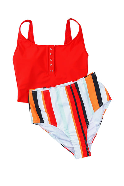 Square Neck Sleeveless Fashion Print Tankini Set-Swimwear-MomFashion