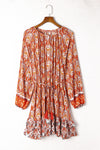 Orange Western Pattern Print Lantern Sleeve Drawstring Mini Dress-Dresses-MomFashion