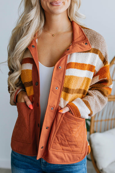 Brown Quilted Patch Pockets Aztec Furry Jacket-Outerwear-MomFashion