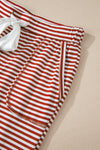 Red Stripe Buttoned V Neck Top and Knotted Waist Pants Lounge Set-Loungewear & Sleepwear/Loungewear-MomFashion