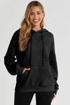 Black Quilted Kangaroo Pocket Drawstring Hoodie-Tops-MomFashion