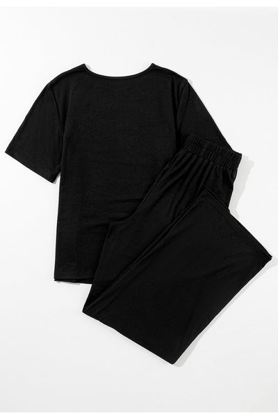 Black Solid Color T Shirt 2pcs Wide Leg Pants Set-Two Piece Sets/Pant Sets-MomFashion