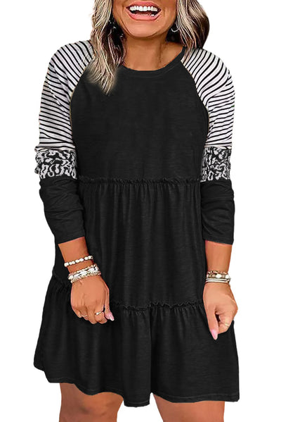 Black Plus Size Striped Leopard Patch Sleeve Ruffle Tiered Dress-Plus Size-MomFashion