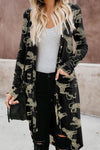 Black Printed Animal Print Ribbed Knit Cardigan-Tops-MomFashion