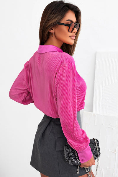 Pink V Neck Collared Button Pleated Shirt-Tops-MomFashion