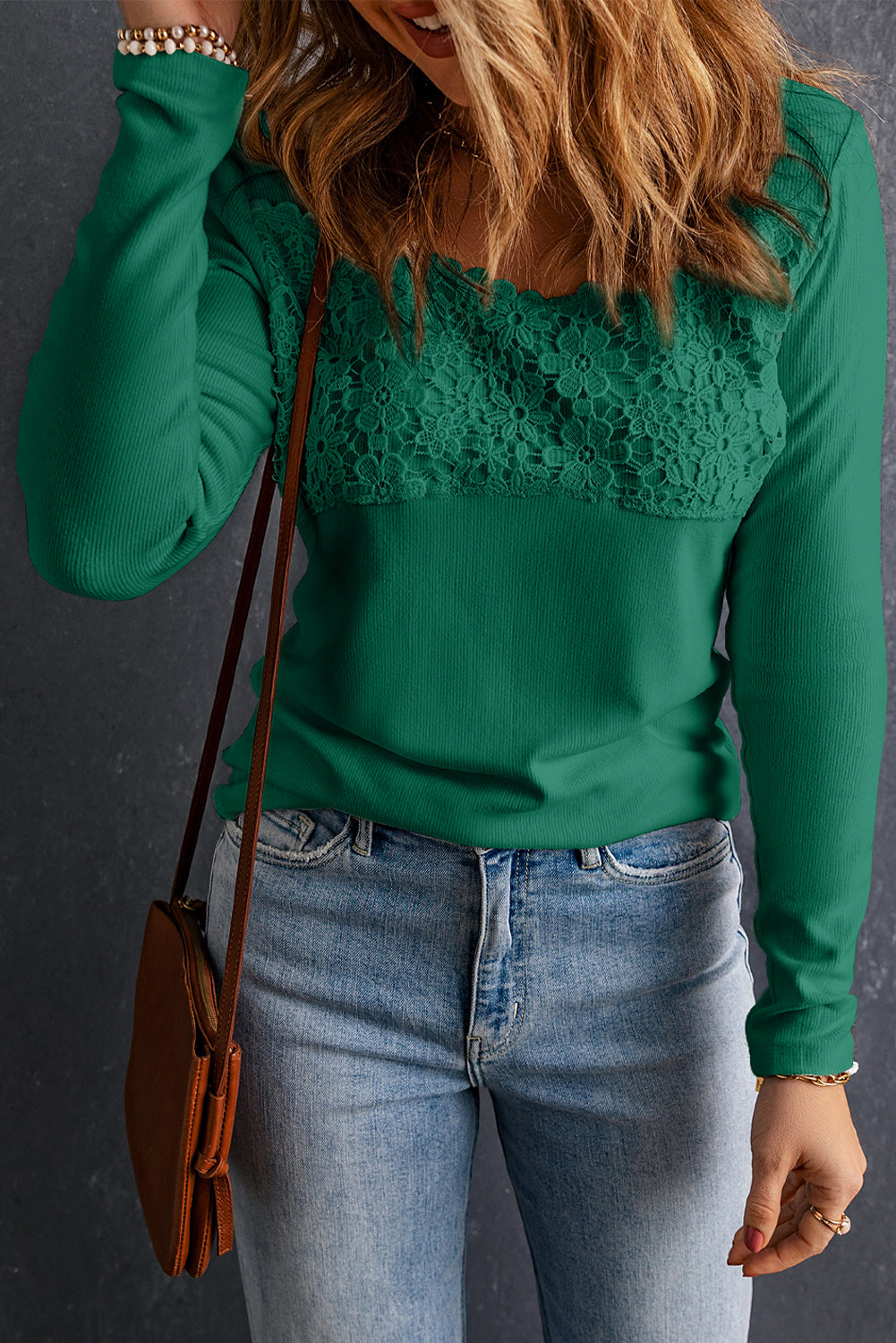 Green Lace Crochet V Neck Long Sleeve Top-Tops-MomFashion
