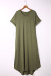 Green Plus Size V Neck Rolled Cuffs Maxi Dress-Plus Size-MomFashion