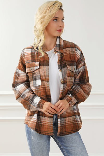 Brown Plaid Flap Pockets Shacket-Outerwear-MomFashion