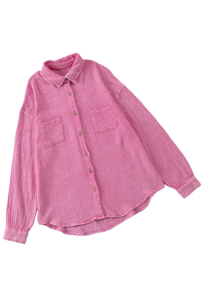 Pink Mineral Wash Crinkle Textured Chest Pockets Shirt-Tops-MomFashion