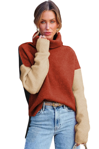 Clay Red Color Block Turtle Neck Drop Shoulder Knit Sweater-Tops-MomFashion