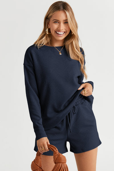 Navy Blue Textured Long Sleeve Top and Drawstring Shorts Set-Loungewear-MomFashion