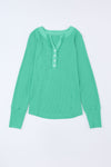 Green Trimmed Neckline Waffle Knit Henley Top-Tops-MomFashion